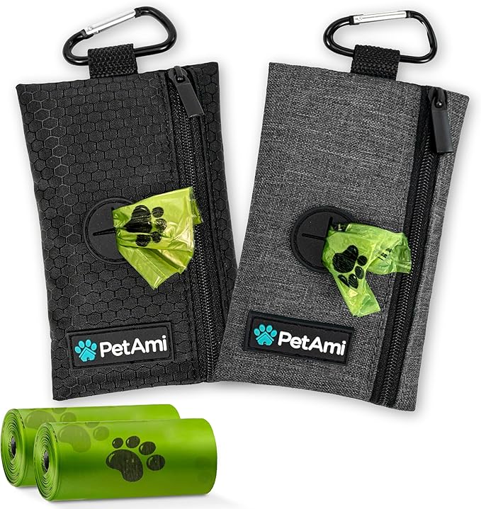 PetAmi Dog Poop Bag Holder for Leash, Dog Waste Bag Dispenser with Clip, Treat Pouch, Walking &amp; Camping Accessories with Trash Bag Roll, Gray/Black 2 Pack
