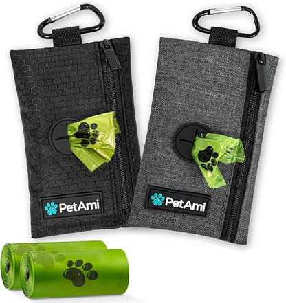 PetAmi Dog Poop Bag Holder for Leash, Dog Waste Bag Dispenser with Clip, Treat Pouch, Walking &amp; Camping Accessories with Trash Bag Roll, Gray/Black 2 Pack