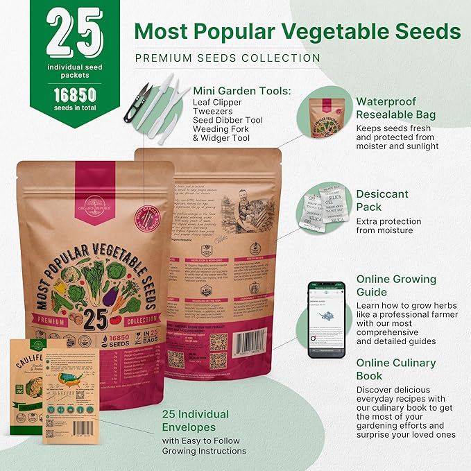 Organo Republic 25 Vegetable Seeds Variety Pack - 16,850+ Non-GMO Heirloom Seeds for Planting Vegetables &amp; Fruits in Individual Seed Packets, Home Garden Seed for Hydroponic, Indoor &amp; Outdoor Garden