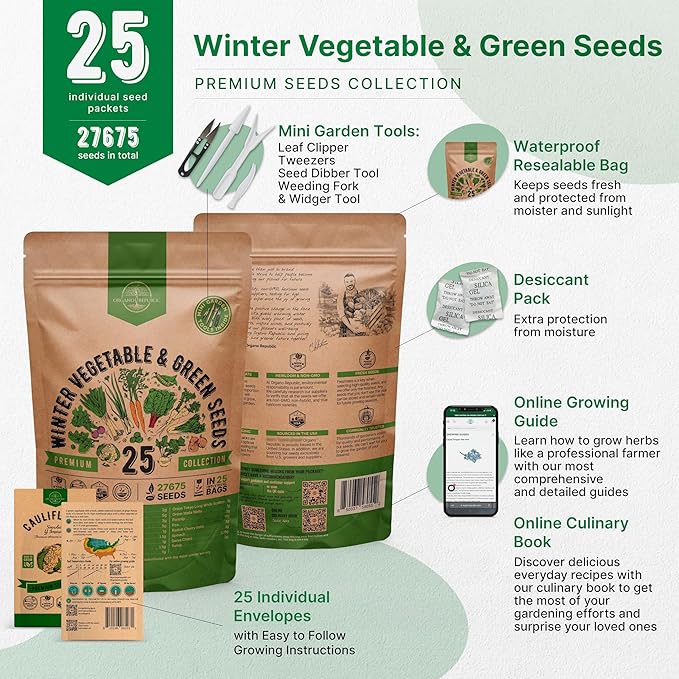 Organo Republic 25 Winter Vegetable &amp; Green Seeds Variety Pack for Outdoors &amp; Indoor Home Gardening 27670+ Non-GMO Heirloom Seeds: Broccoli Beet Carrot Collard Lettuce Radish Spinach Pea Kohlrabi