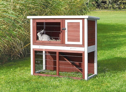TRIXIE natura Outdoor Rabbit Hutch with Run - 2-Story Rabbit Cage with Non-Slip Ramp - Medium Elevated Small Animal House with Secure Playpen, Hinged Roof &amp; Pull-Out Tray - in Auburn/White