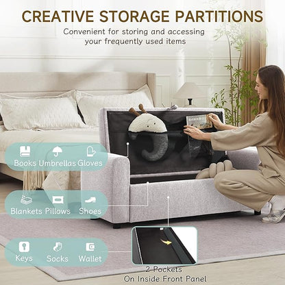 Ottoman with Storage, Tufted Storage Bench for Bedroom, 48" Fabrics End of Bed Bench, Upholstered Entryway Shoe Benches with Rolled Arm &amp; Inner Zipper, Window Ottomans Chest without Rivets, Light Grey