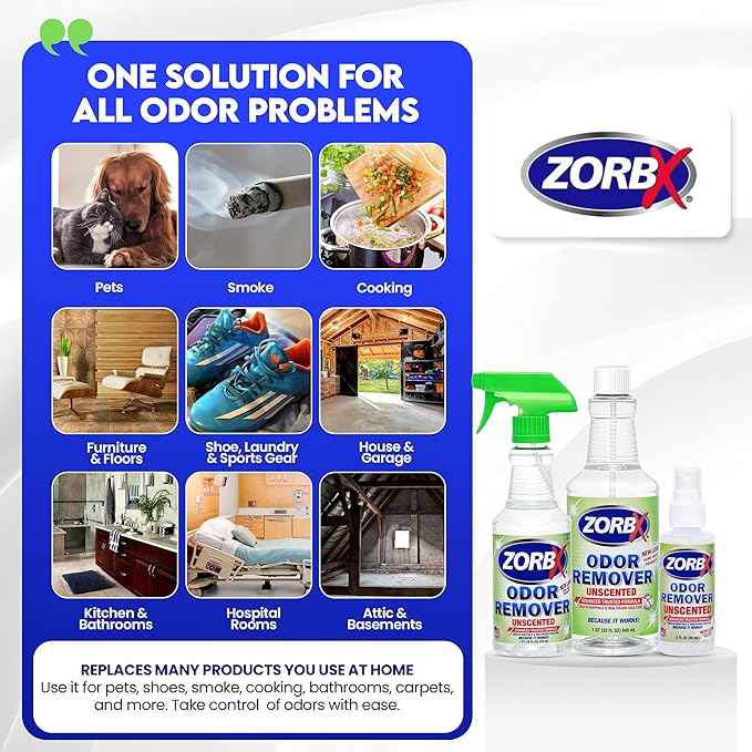 ZORBX Unscented Multipurpose Odor Eliminator Value Pack 2 Oz + 16 Oz + 32 Oz - Used in Hospitals &amp; Healthcare Facilities - Advanced Trusted Formula - Perfect Bundle to Get Rid of Unpleasant Odors