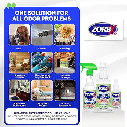 ZORBX Unscented Multipurpose Odor Eliminator Value Pack 2 Oz + 16 Oz + 32 Oz - Used in Hospitals &amp; Healthcare Facilities - Advanced Trusted Formula - Perfect Bundle to Get Rid of Unpleasant Odors