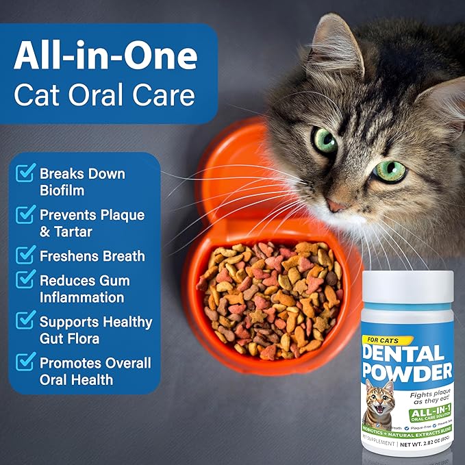 Cat Dental Care Powder Bad Breath Treatment for Cats Teeth, Mouth, Gums &amp; Gut, Plaque Off,Tartar Control, Help Feline Gingivitis and Stomatitis, with Natural Extracts &amp; Probiotics