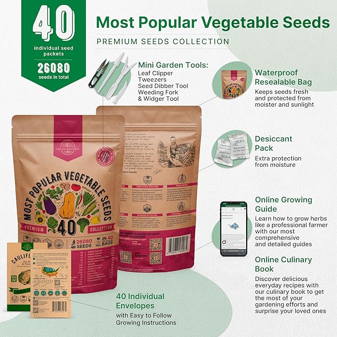 Organo Republic 40 Vegetable Seeds Variety Pack - 26000 Non GMO Heirloom Seeds for Planting Vegetables &amp; Fruits in Bulk Individual Seed Packets, Home Garden Seeds for Hydroponic, Indoor &amp; Outdoors