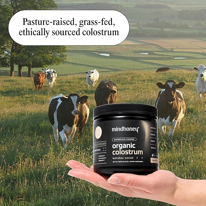 MINDHONEY Organic Colostrum | Premium Cacao Flavored Superfood Powder | Gut Health &amp; Immunity, Skin &amp; Hair, Anti-Aging, Performance &amp; Recovery | Grass-Fed, Pasture-Raised | 30 Servings