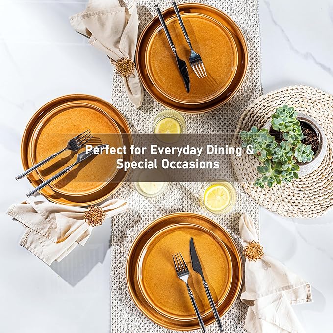 GBHOME Ceramic Dinnerware Sets for 4, 12 Pieces Stoneware Plates and Bowls Sets, Scratch Resistant Dishes, Dishwasher &amp; Microwave Safe, Reactive Glaze-Amber