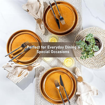 GBHOME Ceramic Dinnerware Sets for 4, 12 Pieces Stoneware Plates and Bowls Sets, Scratch Resistant Dishes, Dishwasher &amp; Microwave Safe, Reactive Glaze-Amber