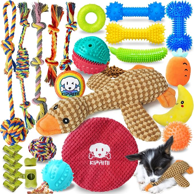 KIPRITII Puppy Teething Chew Toys -25 Pack Dog Chew Toys with Rope Toys, Dog Treat Balls &amp; Squeaky Toy for Puppy and Small Dogs