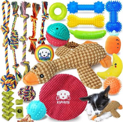 KIPRITII Puppy Teething Chew Toys -25 Pack Dog Chew Toys with Rope Toys, Dog Treat Balls &amp; Squeaky Toy for Puppy and Small Dogs