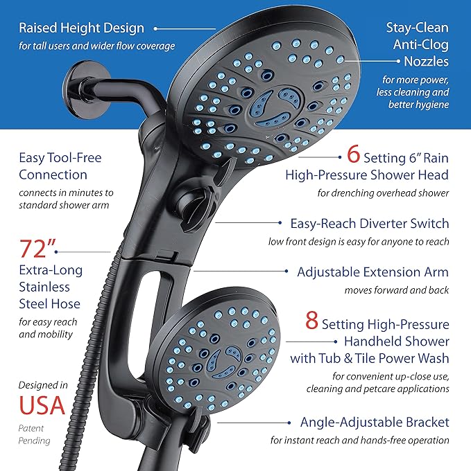 Hotel Spa AquaCare for California As-Seen-On-TV High Pressure Handheld Rain 50-mode 3-way Shower Head Combo with Adjustable Arm, Anti-clog Jets, Tub &amp; Pet Power Wash, 6 ft. Hose, Rubbed Bronze
