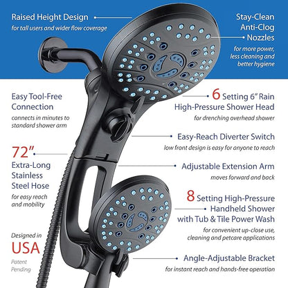 Hotel Spa AquaCare for California As-Seen-On-TV High Pressure Handheld Rain 50-mode 3-way Shower Head Combo with Adjustable Arm, Anti-clog Jets, Tub &amp; Pet Power Wash, 6 ft. Hose, Rubbed Bronze