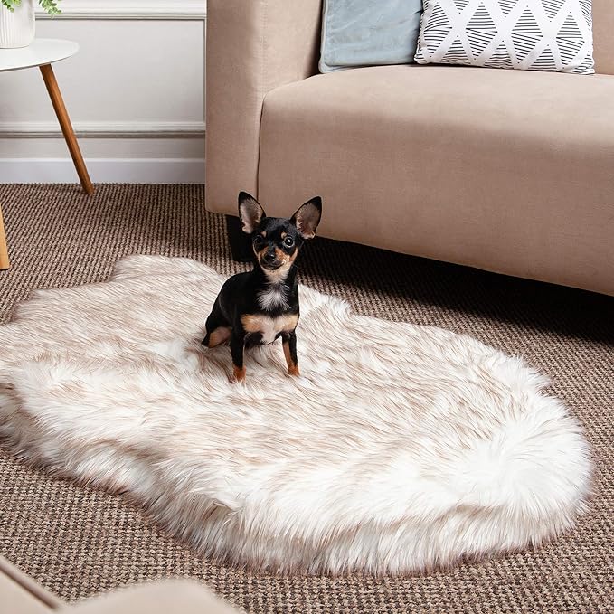 IHAPPYDOG Luxury Faux Fur Orthopedic Dog Bed, Memory Foam Dog Bed for Small, Medium, Large and XL Pets, Fluffy Pet Rug with Waterproof and Washable Cover (White w/Brown Tips, 40"x25")