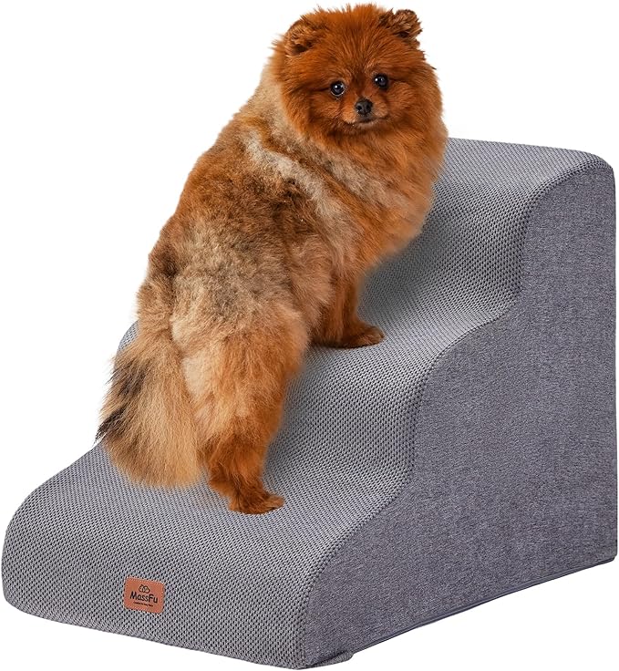 Gray Curved Dog Stairs Ramp for Small Dogs &amp; Cats 17.1" H, 3-Step Dog Steps for Couch Sofa and Chair, Pet Stairs for Cats, Non-Slip Balanced Pet Steps