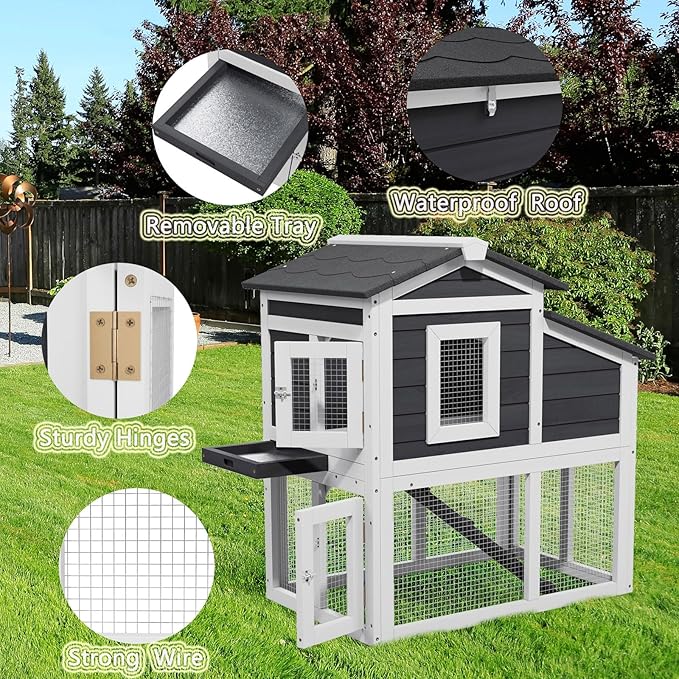 2 Story Rabbit Cage, Weatherproof Rabbit Hutch Indoor &amp; Outdoor, Wooden Guinea Pig Cages with Removable Tray Openable Roof for Small to Medium Animals