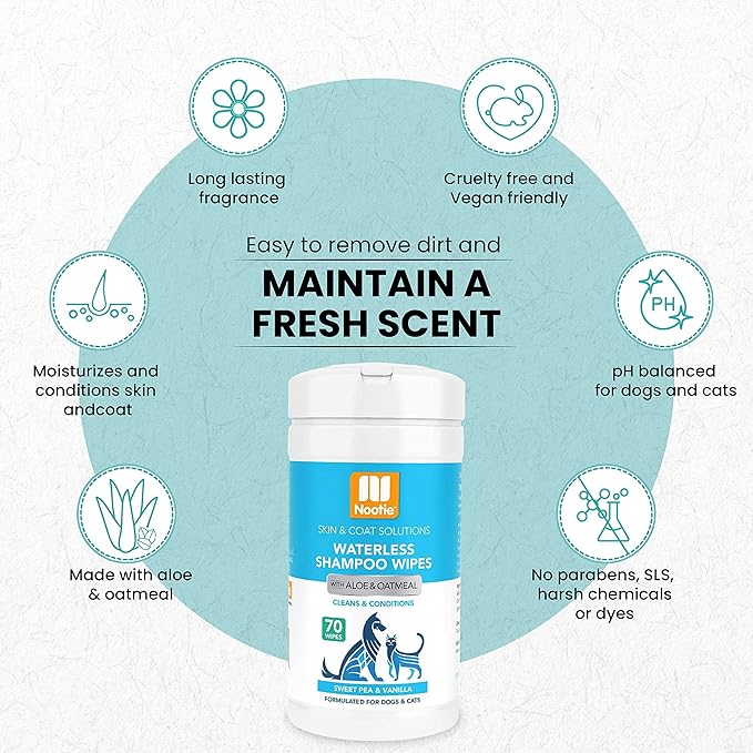 Nootie Waterless Shampoo Wipes for Dogs &amp; Cats (70 Wipes, Sweet Pea &amp; Vanilla)