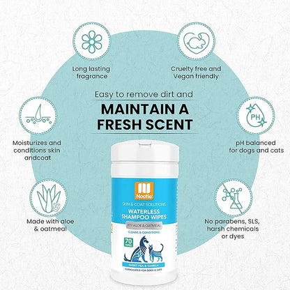 Nootie Waterless Shampoo Wipes for Dogs &amp; Cats (70 Wipes, Sweet Pea &amp; Vanilla)
