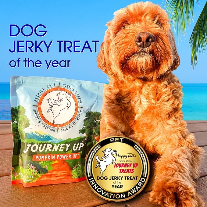 HappyTails Journey Up, Pumpkin Power Up Jerky Treats for Dogs with Beef, Pumpkin &amp; Carrots-Made in USA-Prebiotics for Gut &amp; Immune Health, Omega 3 &amp; 6 for Skin &amp; Coat, Small-Large Dogs, 6 oz.