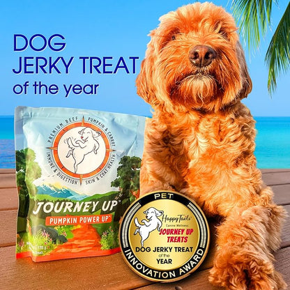 HappyTails Journey Up, Pumpkin Power Up Jerky Treats for Dogs with Beef, Pumpkin &amp; Carrots-Made in USA-Prebiotics for Gut &amp; Immune Health, Omega 3 &amp; 6 for Skin &amp; Coat, Small-Large Dogs, 6 oz.