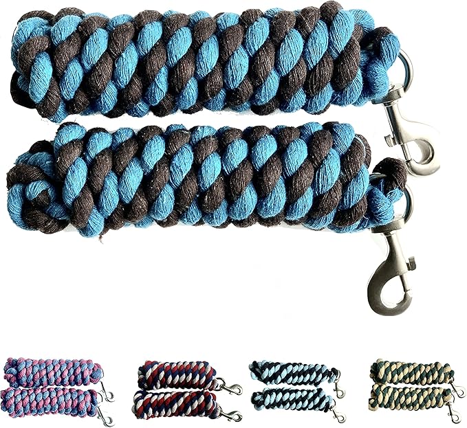 Majestic Ally Pack of 2 Solid Cotton Lead Rope for Horses &amp; Livestock – 10 Foot Long and 5/8 inch Thick - Replaceable Heavy-Duty Satin Bolt Snap – Handmade – Soft, Broken in Feel (Turquoise -Brown)