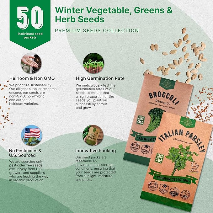 50 Winter Vegetable Garden Seeds Variety Pack - 43,450+ Non-GMO Heirloom Seeds for Outdoors &amp; Indoor Home Gardening, Including Kohlrabi, Lettuce, Radish, Onion, Choy, Spinach, Cauliflower, Collards