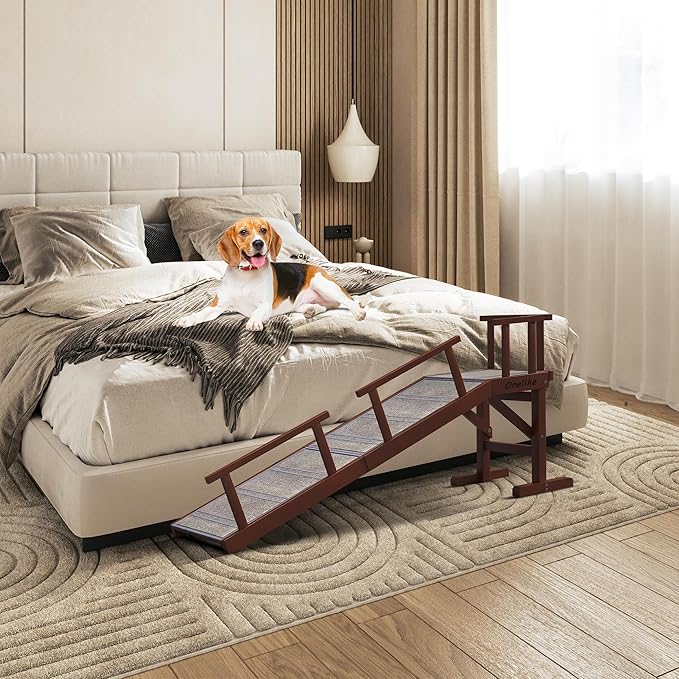 Onelike Wooden Dog Ramp for Bed with Removable Side Rail and Non-Slip Carpet, Stable Pet Ramp Stair for Couch Sofa for Small &amp; Large &amp; Senior Dogs, 60" Long Ramp Brown