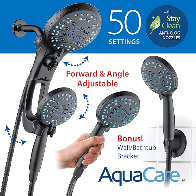 Hotel Spa AquaCare for California As-Seen-On-TV High Pressure Handheld Rain 50-mode 3-way Shower Head Combo with Adjustable Arm, Anti-clog Jets, Tub &amp; Pet Power Wash, 6 ft. Hose, Rubbed Bronze