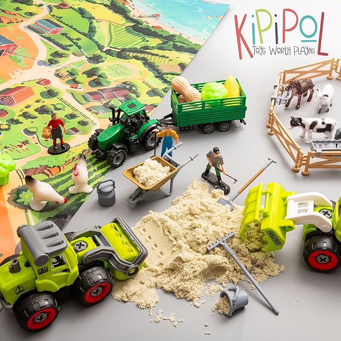 59 PCS Farm Sensory Bin Sandbox with Lid, 2.2 LB Sensory Sand, 40 Toddler Farm Toys, 3 Take Apart Construction Trucks -Sensory Toys for Kids 5-7, 3-4 &amp; Up- Kids Gifts for Boys and Girls