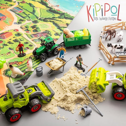 59 PCS Farm Sensory Bin Sandbox with Lid, 2.2 LB Sensory Sand, 40 Toddler Farm Toys, 3 Take Apart Construction Trucks -Sensory Toys for Kids 5-7, 3-4 &amp; Up- Kids Gifts for Boys and Girls