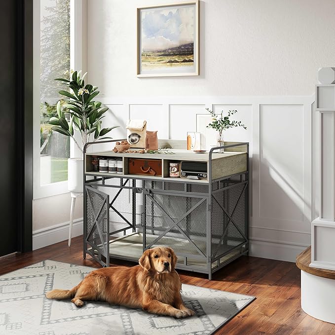Dog Crate Furniture, 43" Heavy Duty Wooden Dog Crate End Table, XL Dog Kennel Furniture Large Breed, Decorative Dog Kennel Indoor with 3 Drawers &amp; Steel Tubes 43" L x28 W x36 H (Grey)