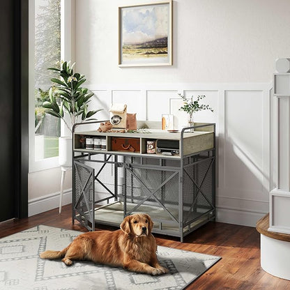 Dog Crate Furniture, 43" Heavy Duty Wooden Dog Crate End Table, XL Dog Kennel Furniture Large Breed, Decorative Dog Kennel Indoor with 3 Drawers &amp; Steel Tubes 43" L x28 W x36 H (Grey)