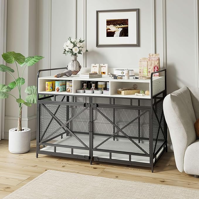 Dog Crate Furniture, 48" Heavy Duty Wooden Dog Crate End Table, XL Dog Kennel Furniture Large Breed, Decorative Dog Kennel Indoor with 3 Drawers &amp; Steel Tube 48"L x28"W x36"H (White and Black)