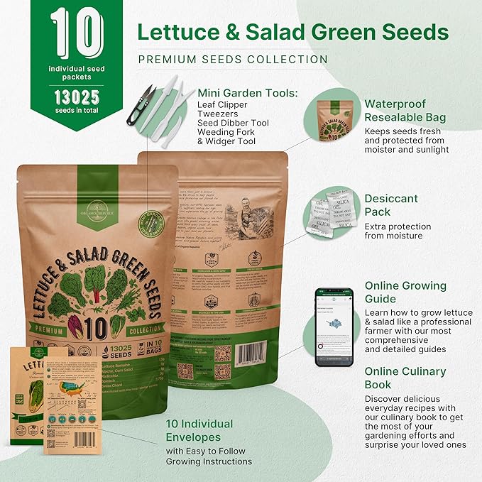 Organo Republic 10 Lettuce &amp; Salad Greens Seeds Variety Pack 13000+ Non-GMO Heirloom Lettuce Seeds for Planting Indoors &amp; Outdoors Garden, Hydroponics - Arugula, Radicchio, Kale, Spinach, Swiss Chard