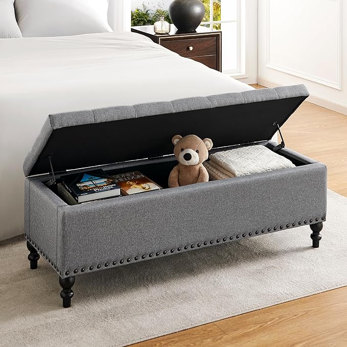 Ottoman with Storage,50.2-inch Upholstered End of Bed Storage Bench for Bedroom,for The Living Room,for Entryway, with Rivets &amp; Button and Safety Hinges,Detachable (Grey)