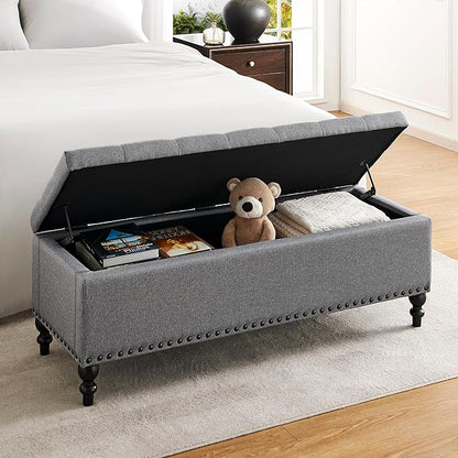 Ottoman with Storage,50.2-inch Upholstered End of Bed Storage Bench for Bedroom,for The Living Room,for Entryway, with Rivets &amp; Button and Safety Hinges,Detachable (Grey)