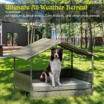 Wicker Dog House Outdoor Indoor with Canopy, Elevated Dog Shelter &amp; Dog Bed with Light Gray Cushion, Water-Resistant Raised Pet House for Small Medium Dogs, Rattan Dog Cot for Deck, Patio, Yard, Pool