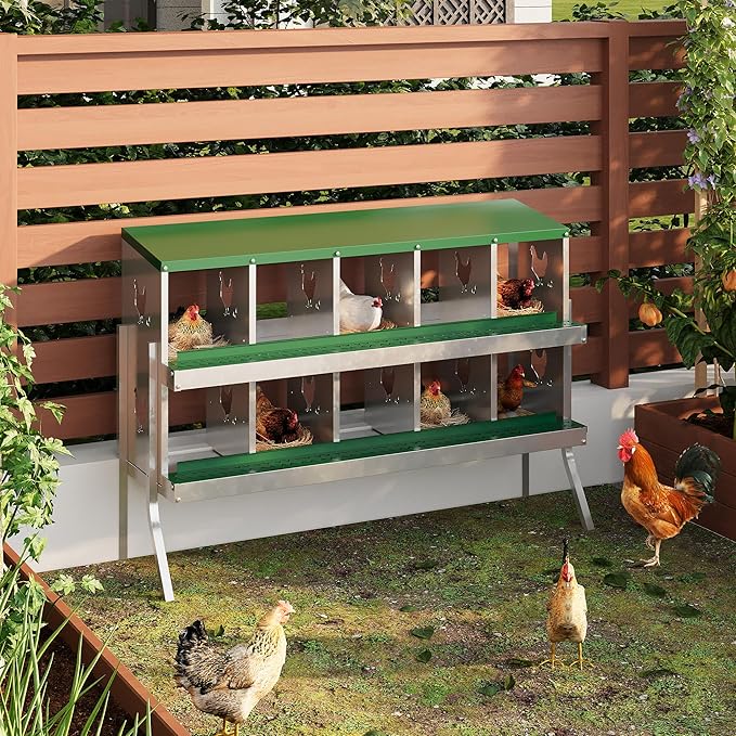 10 Hole Chicken Nesting Box with Roll Out Egg Tray, Rustproof &amp; Ventilated Chicken Laying Boxes for Hens, Chickens, Ducks | Easy-Clean Poultry Coop Accessories, Green with Stand