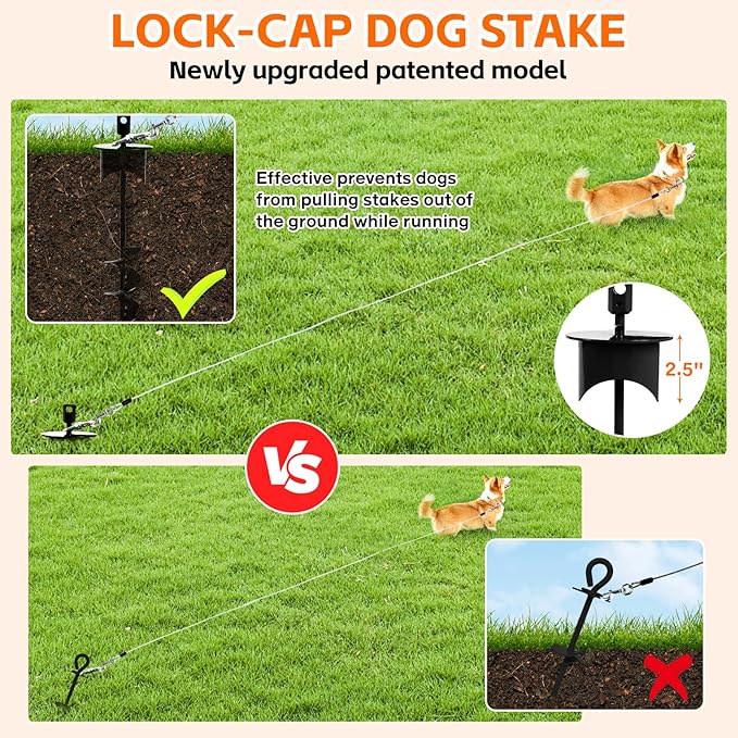 Snagle Paw Dog Tie Out Stake with Lock-Cap Prevents Pulling Out - Heavy Duty 360°Swivel Dog Stake for Outside,Yard, Beach &amp; Camping - Rust Proof Ground Anchor for Dog Cable,Leash,Tether,up to 220 lbs