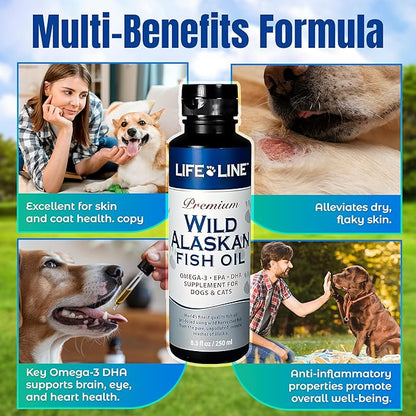 Life Line Pet Nutrition Wild Alaskan Fish Oil Omega-3 Supplement for Skin &amp; Coat – Supports Brain, Eye &amp; Heart Health in Dogs &amp; Cats, 8.5oz
