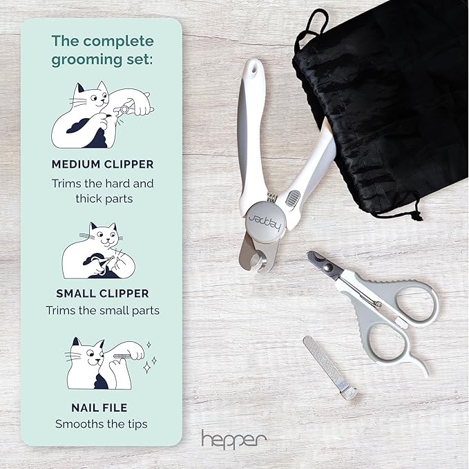 Hepper Cat Nail Clipper Kit - Small &amp; Large Sharp Claw Clippers with Nail File &amp; Storage Pouch - Safety Guard &amp; Lock - Professional Cat Manicure