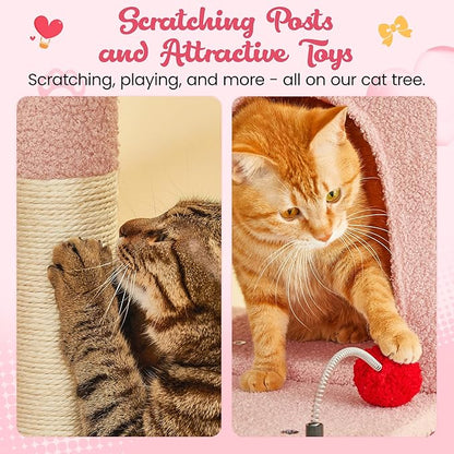MWPO Cute Cat Tree, 70.1-Inch Tall Pink Cat Tower for Indoor Cats Large Adult, Multi-Level Cat Condo with 5 Scratching Posts, 2 Padded Perches, Hammock, Dangling Toys