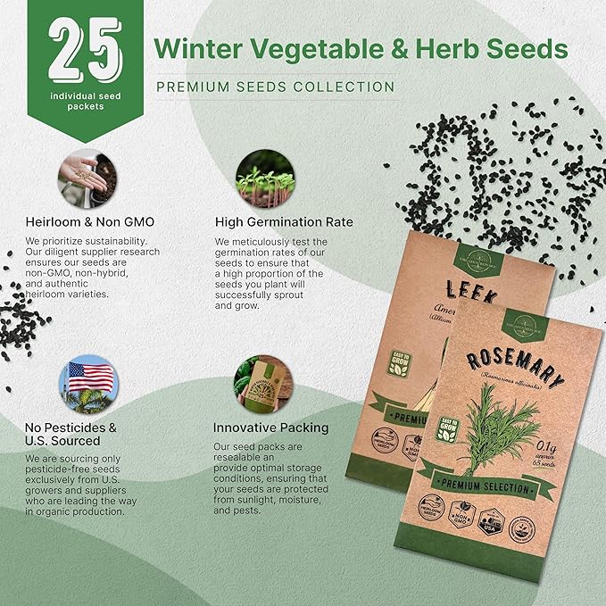 Organo Republic 25 Winter Vegetable &amp; Herb Garden Seeds Variety Pack for Outdoors &amp; Indoor Home Gardening 22,840+ Non-GMO Heirloom Seeds Broccoli Beet Carrot Cabbage Radish Pea Mint Thyme Parsley