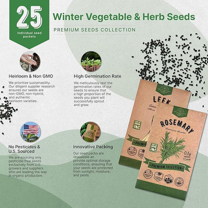 Organo Republic 25 Winter Vegetable &amp; Herb Garden Seeds Variety Pack for Outdoors &amp; Indoor Home Gardening 22,840+ Non-GMO Heirloom Seeds Broccoli Beet Carrot Cabbage Radish Pea Mint Thyme Parsley