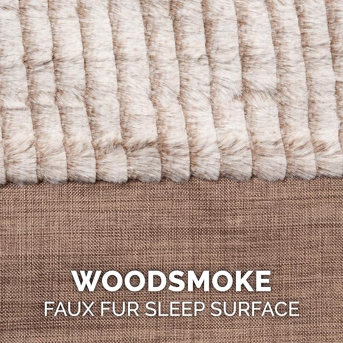Furhaven Cooling Gel Dog Bed for Medium/Small Dogs w/ Removable Bolsters &amp; Washable Cover, For Dogs Up to 35 lbs - Luxe Faux Fur &amp; Performance Linen Sofa - Woodsmoke, Medium