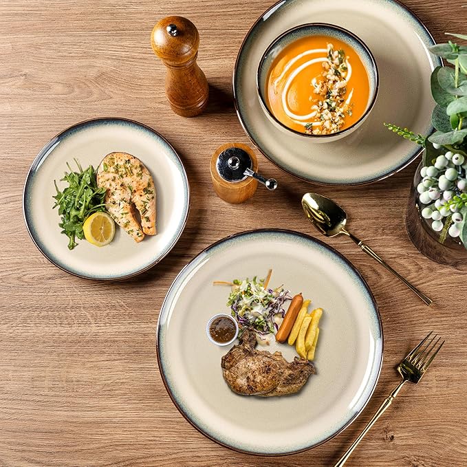 GBHOME Ceramic Dinnerware Sets for 4, 12 Pieces Stoneware Plates and Bowls Sets, Scratch Resistant Dishes, Dishwasher &amp; Microwave Safe, Reactive Glaze-Gravel