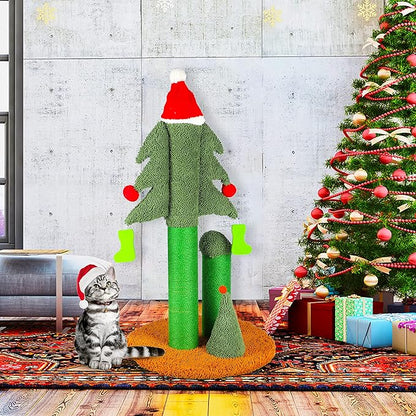 32” Cat Scratching Post, Tall Christmas Tree Cat Scratcher with 3 Posts and Cute Dangling Teaser Balls, Natural Sisal Rope Cat Toys for Kitty and Adult Cats