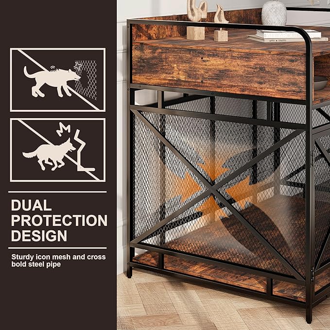 Dog Crate Furniture, 43" Heavy Duty Wooden Dog Crate End Table, XL Dog Kennel Furniture Large Breed, Decorative Dog Kenne Indoor with 3 Drawers &amp; Steel Tubes 43" L x28 W x36 H (Rustic Brown)