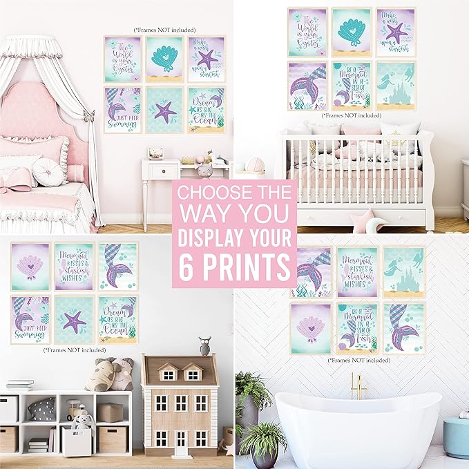 Hadley Designs 6 Mermaid Wall Decor – Reversible Magical Mermaid Wall Art for Nursery &amp; Bathroom, Under the Sea Unframed Ocean-Themed Room Decor Prints for Girls&