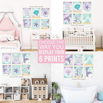 Hadley Designs 6 Mermaid Wall Decor – Reversible Magical Mermaid Wall Art for Nursery &amp; Bathroom, Under the Sea Unframed Ocean-Themed Room Decor Prints for Girls&